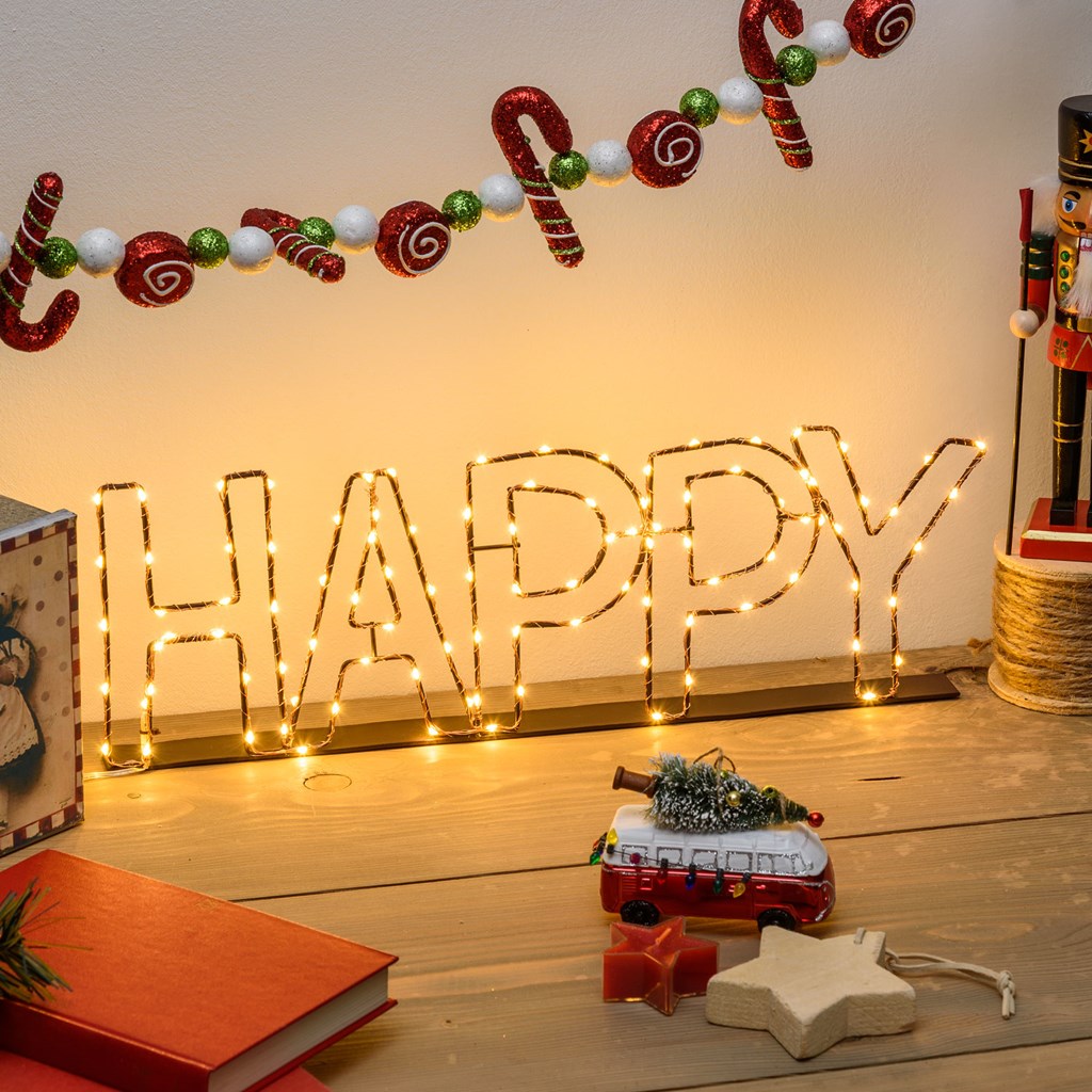 Scritta luminosa led HAPPY color rame – bianco caldo