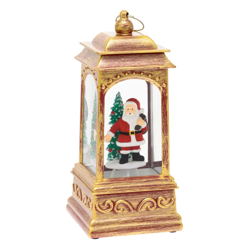 Lanterna natalizia a batteria rosso antico con nevicata glitter – h. 20,5 cm