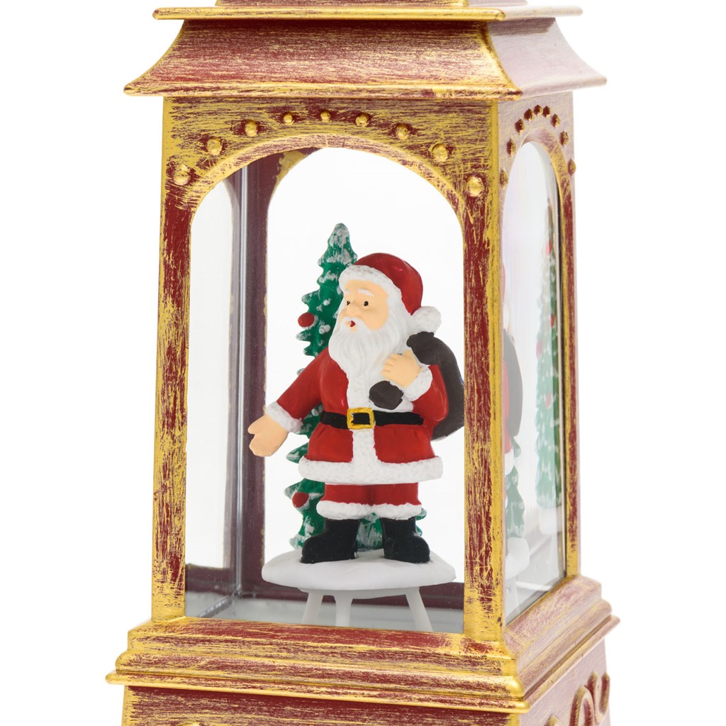 Lanterna natalizia a batteria rosso antico con nevicata glitter – h. 20,5 cm