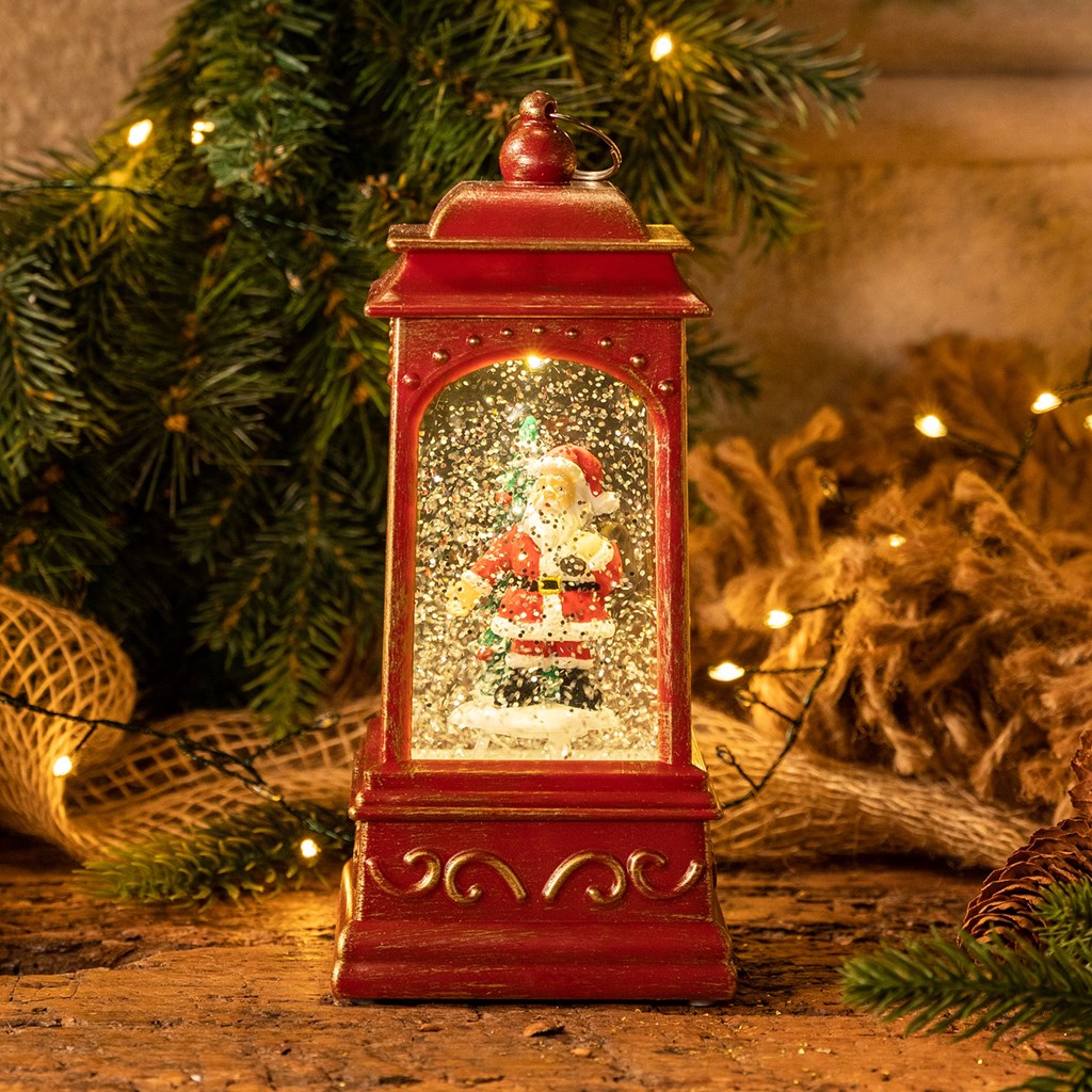 Lanterna natalizia a batteria rosso antico con nevicata glitter – h. 20,5 cm