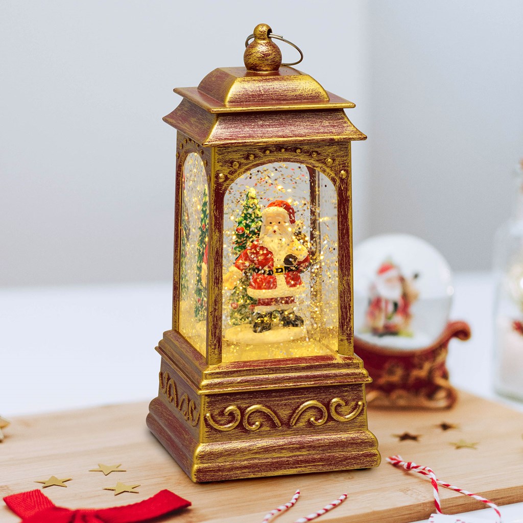 Lanterna natalizia a batteria rosso antico con nevicata glitter – h. 20,5 cm