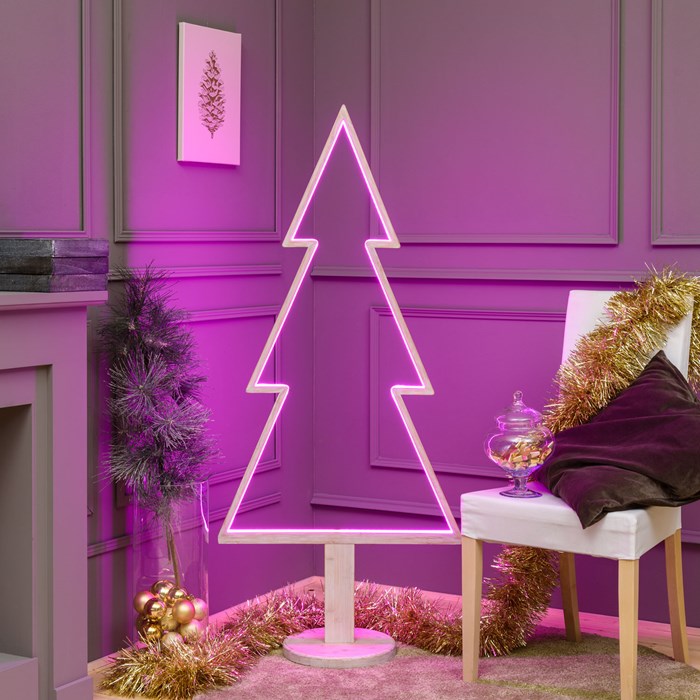 Albero di Natale con base in legno sbiancato – 145 cm – led RGB e Bianco Caldo