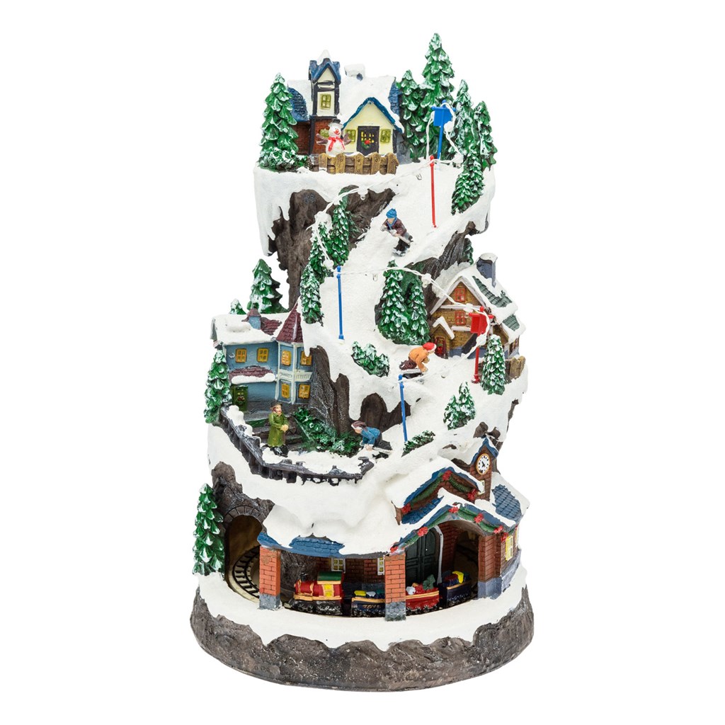 Villaggio Innevato con Sciatori – Trenino in Galleria in movimento in Polyresina – h 38 cm