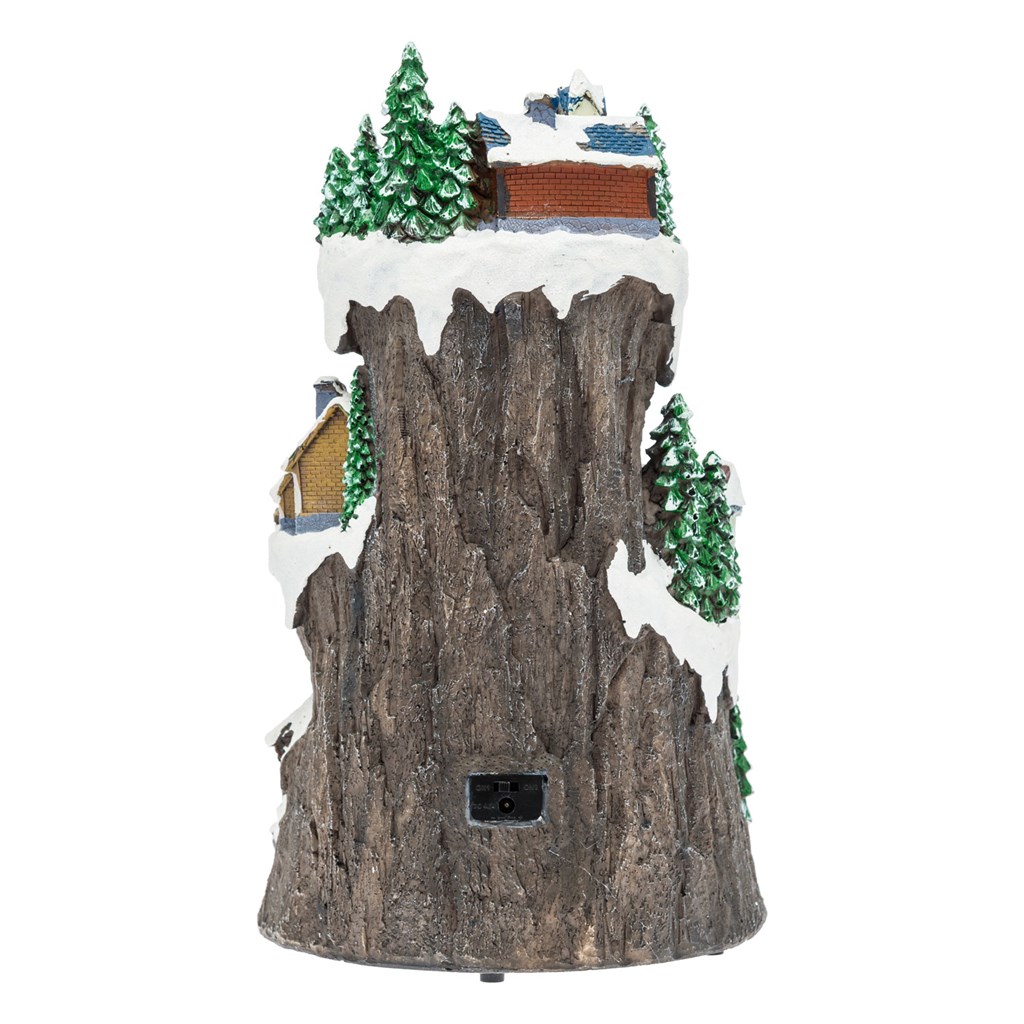 Villaggio Innevato con Sciatori – Trenino in Galleria in movimento in Polyresina – h 38 cm